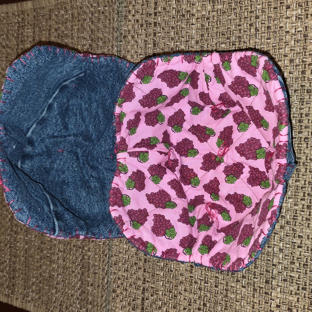 Pink Berries Print 2 Cozies Upcycled Blue Denim Jeans Hand Crafted